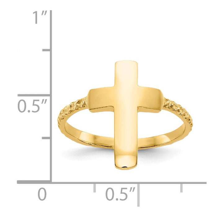 14k Yellow Gold Polished Textured Cross Ring, Size: 7