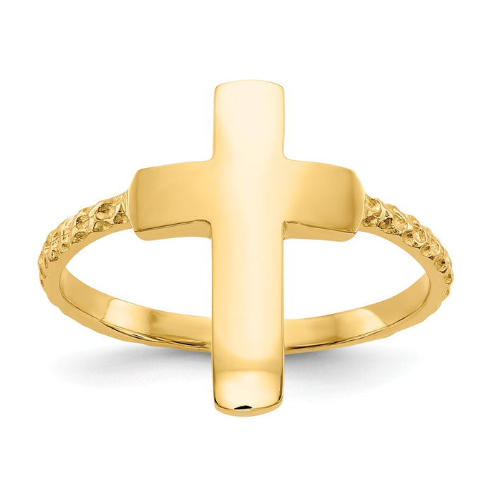 14k Yellow Gold Polished Textured Cross Ring, Size: 7