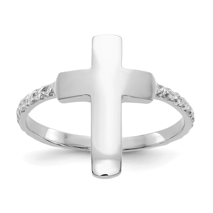 14k White Gold Polished Textured Cross Ring, Size: 7