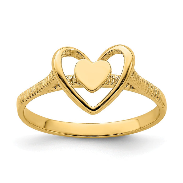 14k Yellow Gold Gold Polished Textured Heart with Heart Frame Ring, Size: 7
