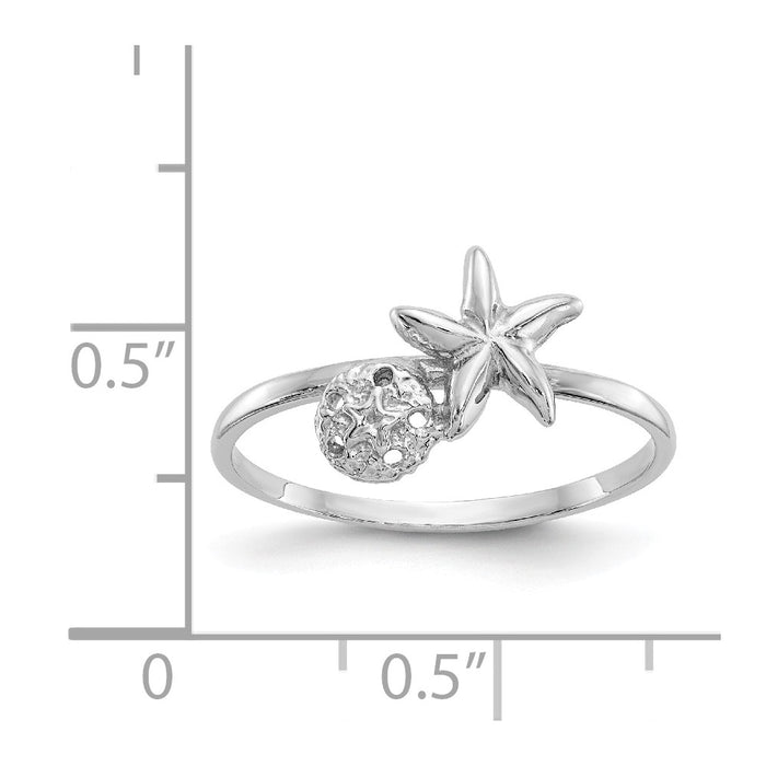 14k White Gold Polished Starfish & Sand Dollar Ring, Size: 7