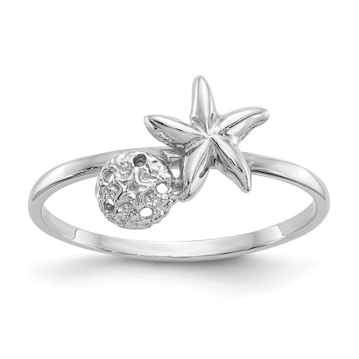 14k White Gold Polished Starfish & Sand Dollar Ring, Size: 7