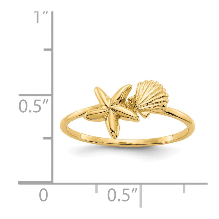 14k Yellow Gold Polished Shell & Starfish Ring, Size: 7