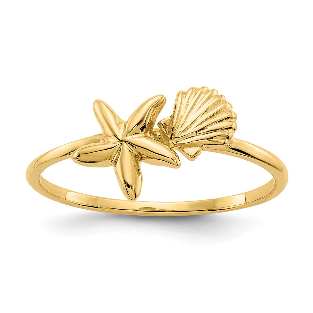 14k Yellow Gold Polished Shell & Starfish Ring, Size: 7