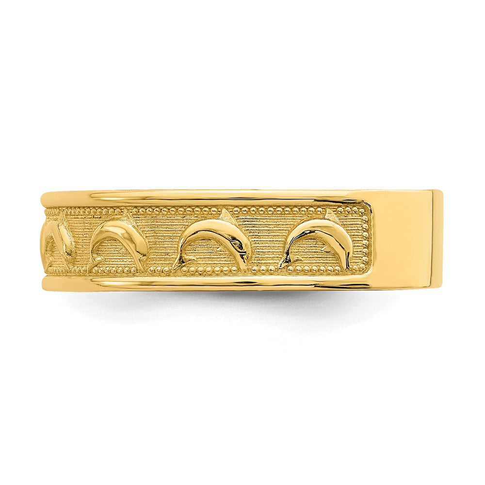 14k Yellow Gold Gold Polished & Textured Dolphin Engraved Thumb Ring, Size: 8
