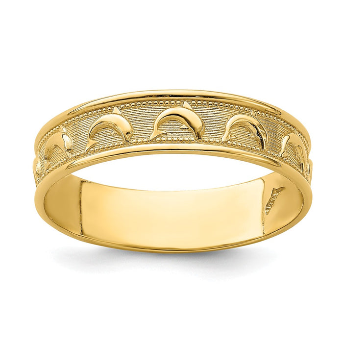 14k Yellow Gold Gold Polished & Textured Dolphin Engraved Thumb Ring, Size: 8