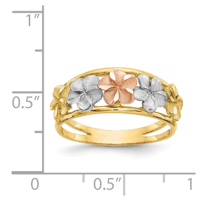 14k Two-Tone Gold & Rhodium Satin/Polished Diamond-cut Flower Ring, Size: 7