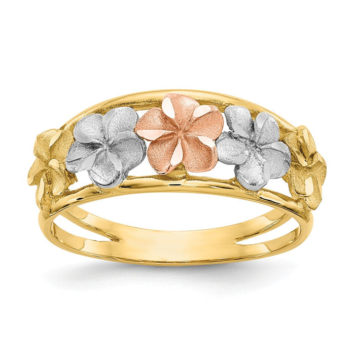 14k Two-Tone Gold & Rhodium Satin/Polished Diamond-cut Flower Ring, Size: 7