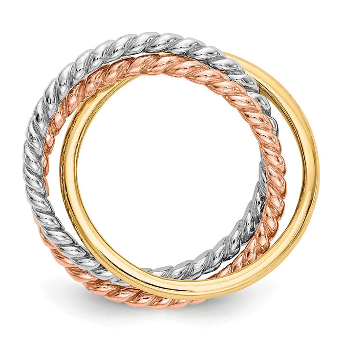 14k Tri-Color Gold Rope Polished 3-Wedding Band Interlocking Ring, Size: 7