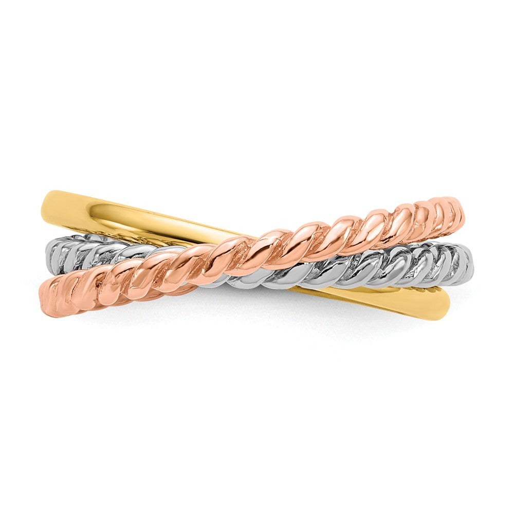 14k Tri-Color Gold Rope Polished 3-Wedding Band Interlocking Ring, Size: 7