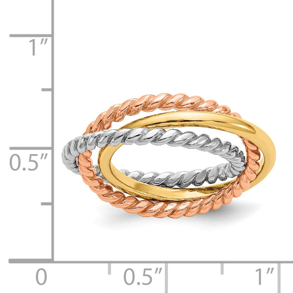 14k Tri-Color Gold Rope Polished 3-Wedding Band Interlocking Ring, Size: 7