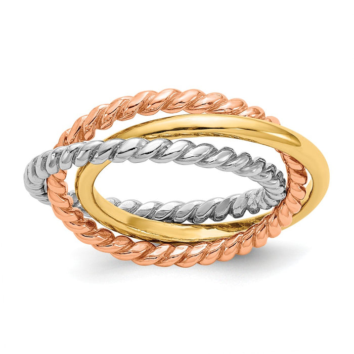 14k Tri-Color Gold Rope Polished 3-Wedding Band Interlocking Ring, Size: 7