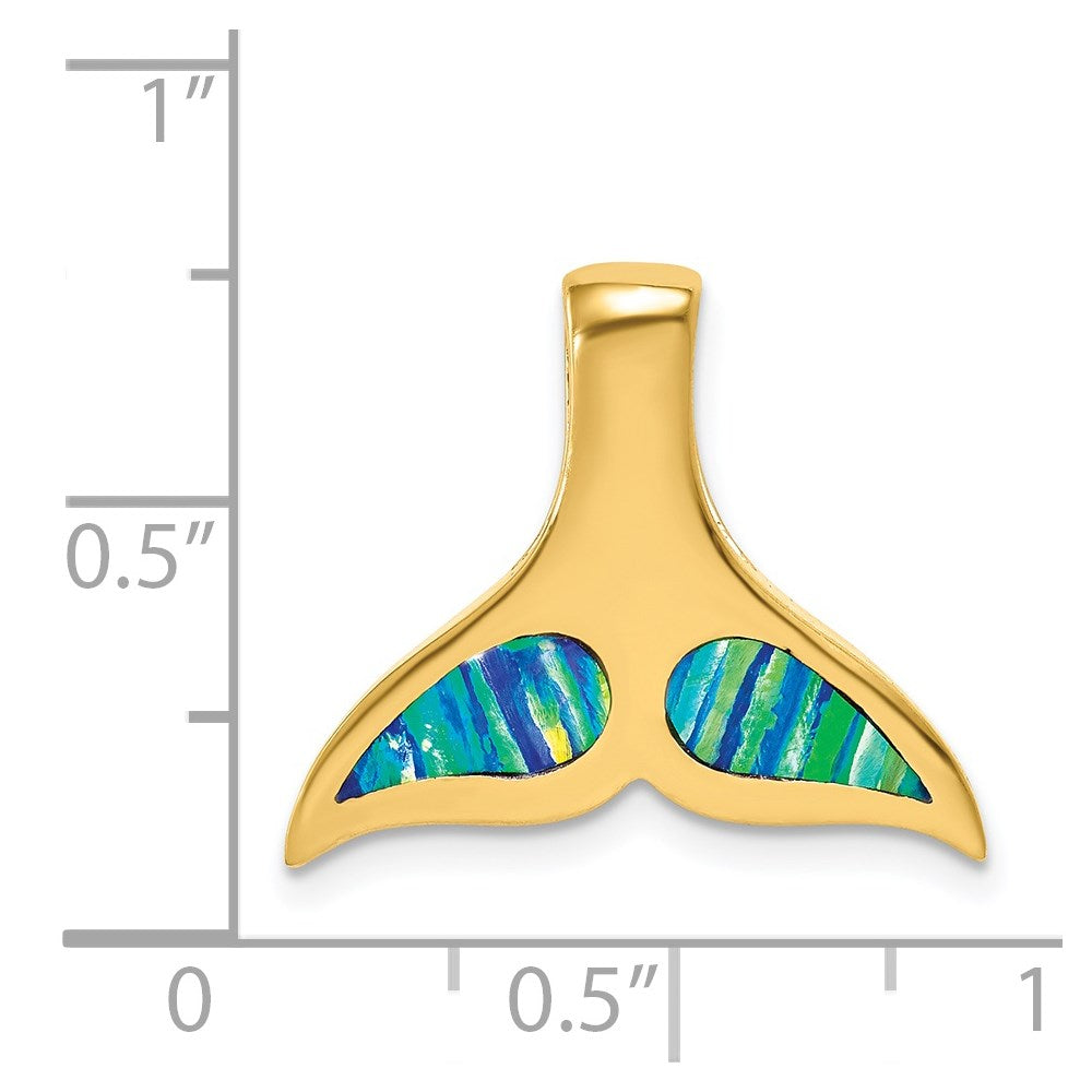 Million Charms 14K Yellow Gold Themed Polished With Imitation Blue Opal Whale Tail Slide