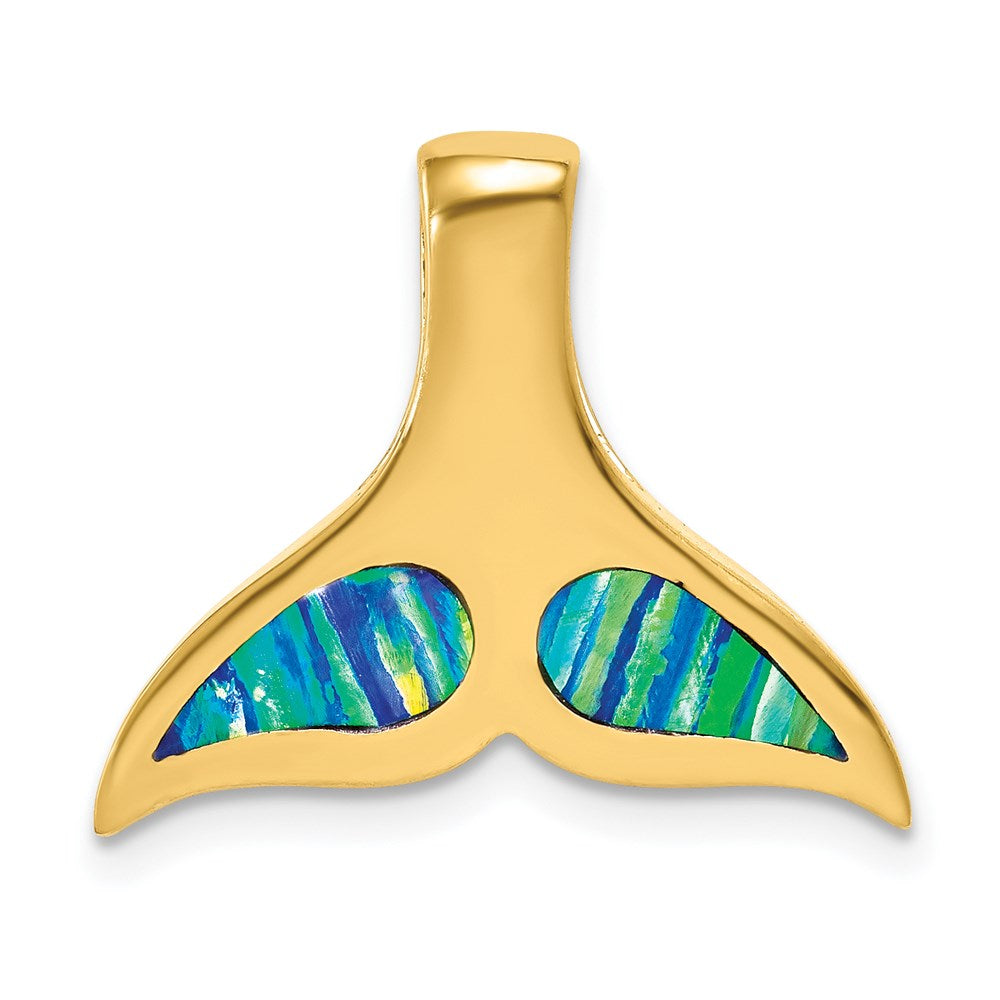 Million Charms 14K Yellow Gold Themed Polished With Imitation Blue Opal Whale Tail Slide