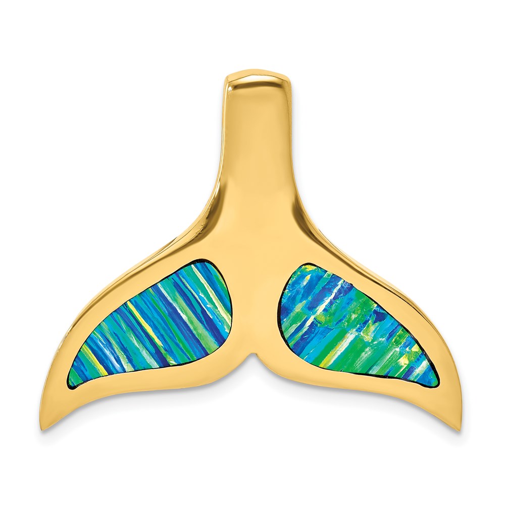 Million Charms 14K Yellow Gold Themed Polished With Imitation Blue Opal Whale Tail Slide