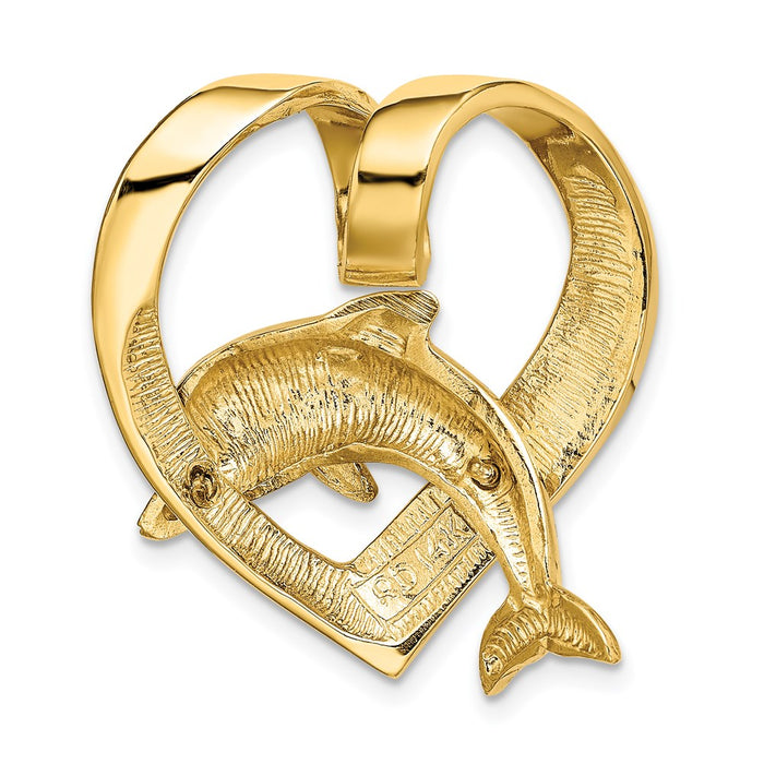 Million Charms 14K Yellow Gold Themed Polished With Imitation Blue Opal Heart With Dolphin Slide