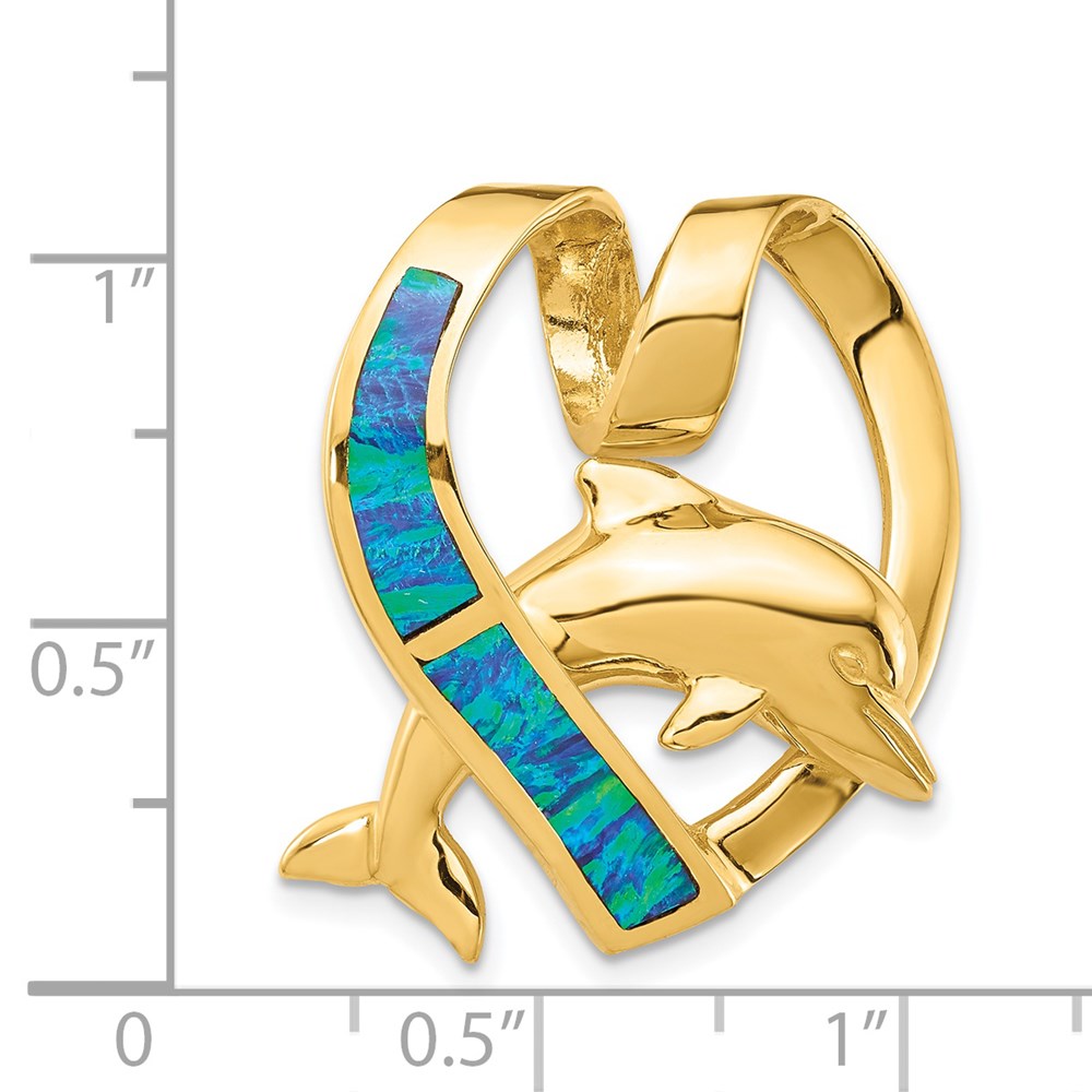 Million Charms 14K Yellow Gold Themed Polished With Imitation Blue Opal Heart With Dolphin Slide