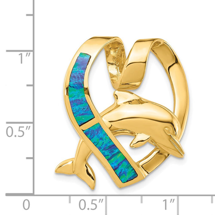 Million Charms 14K Yellow Gold Themed Polished With Imitation Blue Opal Heart With Dolphin Slide