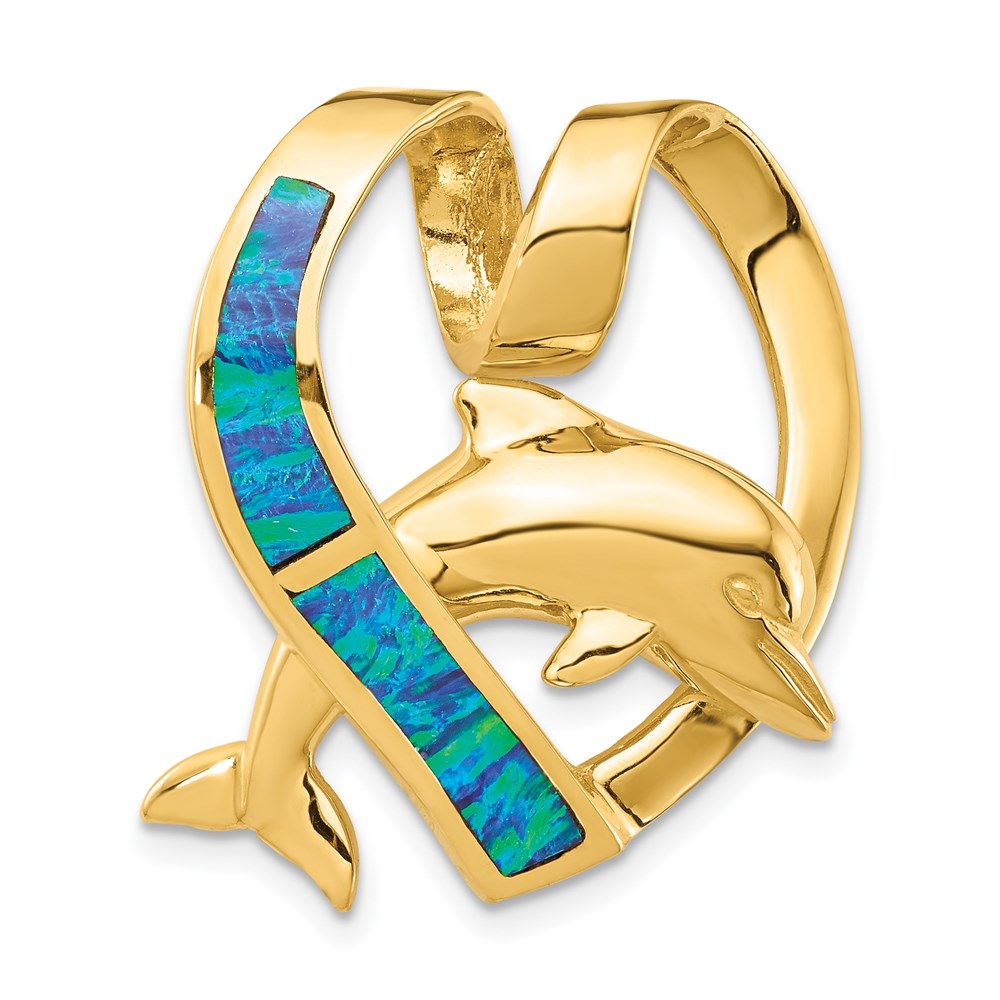 Million Charms 14K Yellow Gold Themed Polished With Imitation Blue Opal Heart With Dolphin Slide