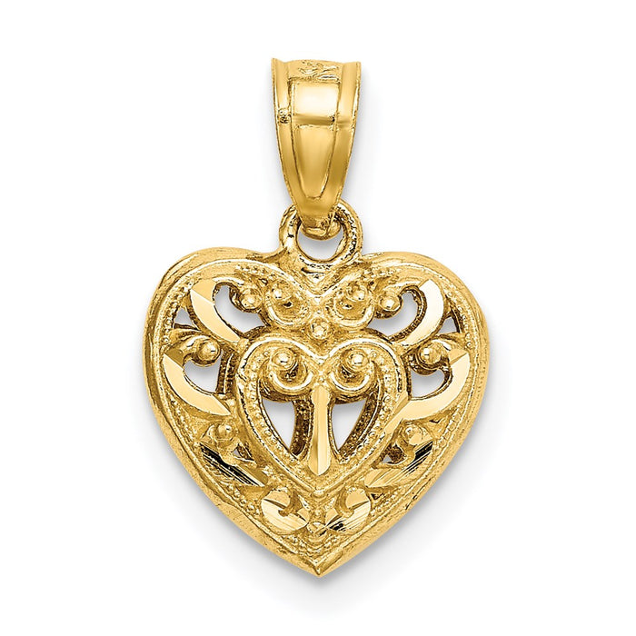 Million Charms 14K Yellow Gold Themed Polished 3-D Filigree Heart Pendant