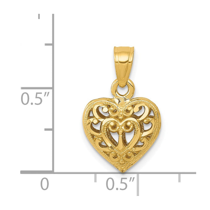 Million Charms 14K Yellow Gold Themed Polished 3-D Filigree Heart Pendant