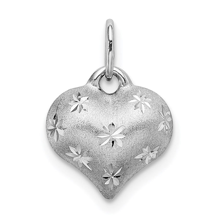 Million Charms 14K White Gold Themed Satin & Diamond Cut Puffed Heart Pendant