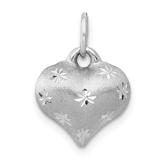 Million Charms 14K White Gold Themed Satin & Diamond Cut Puffed Heart Pendant