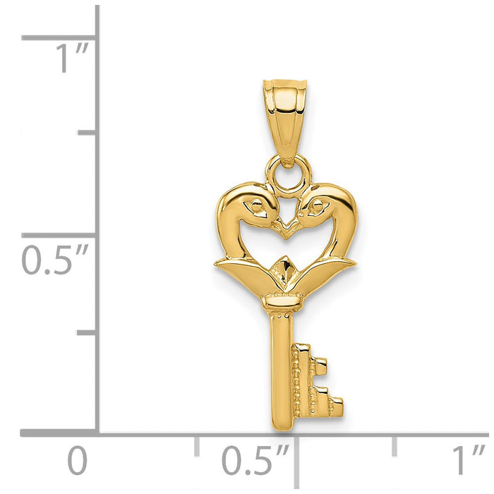 Million Charms 14K Yellow Gold Themed Polished Swans Heart Key Charm