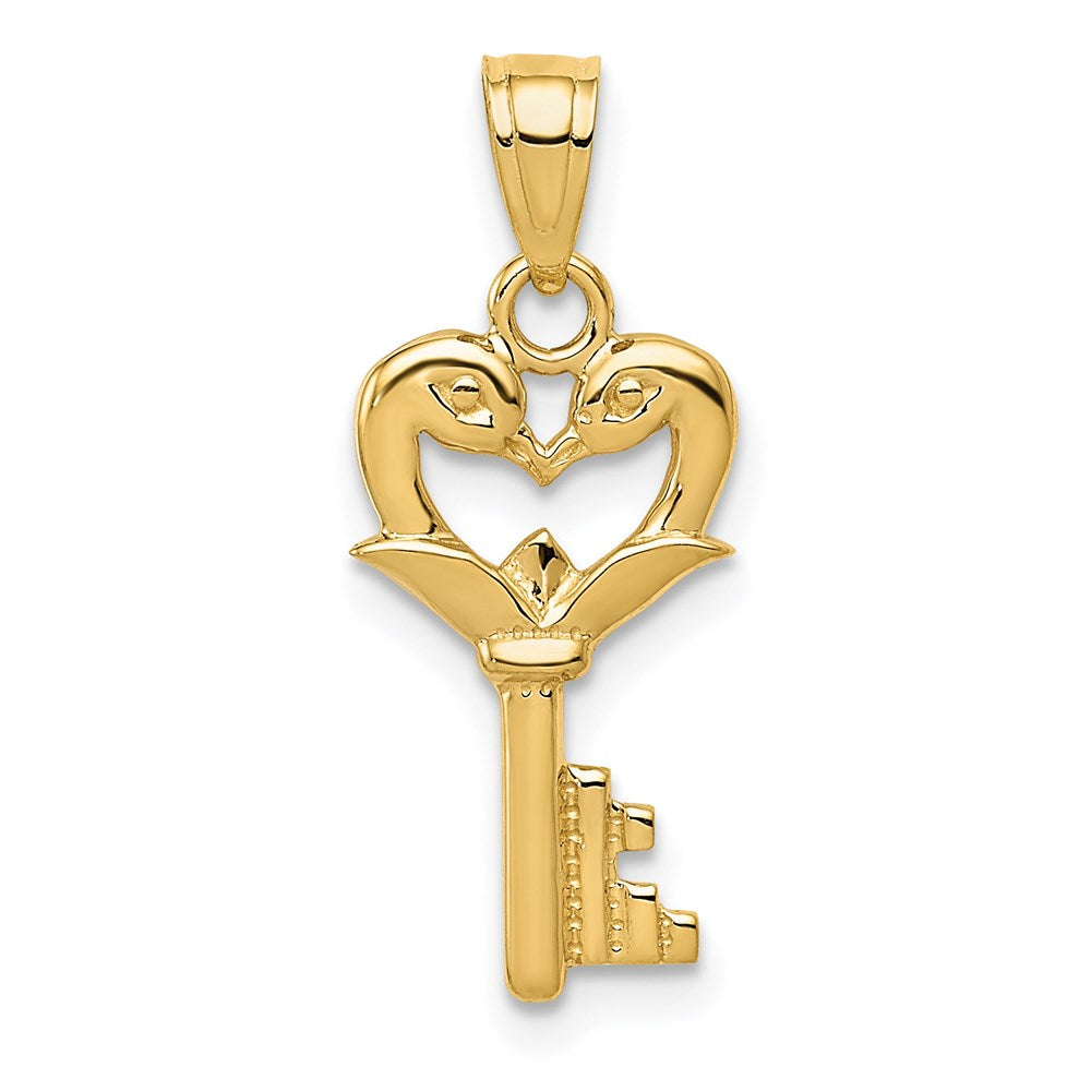 Million Charms 14K Yellow Gold Themed Polished Swans Heart Key Charm