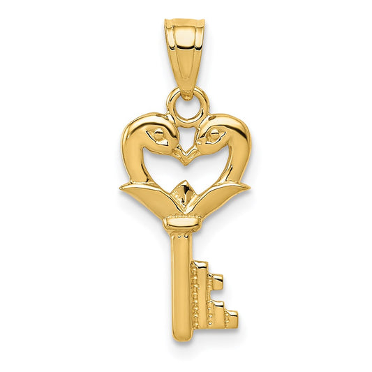 Million Charms 14K Yellow Gold Themed Polished Swans Heart Key Charm