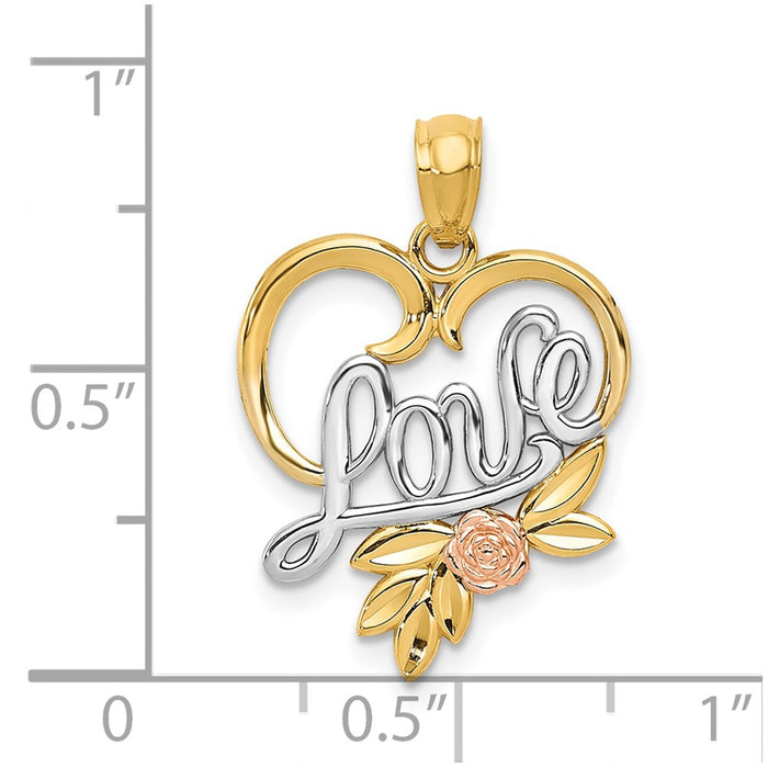 Million Charms 14K Yellow & Rose With Rhodium-plated Diamond-Cut Love In Heart With Rose Pendant