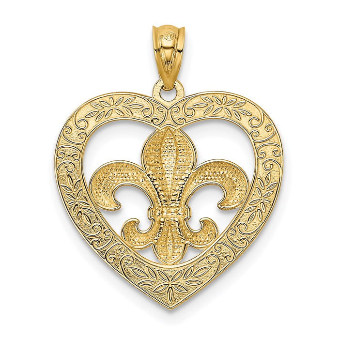 Million Charms 14K Yellow Gold Themed With Rhodium-plated Polished & Satin Fleur De Lis Heart Pendant