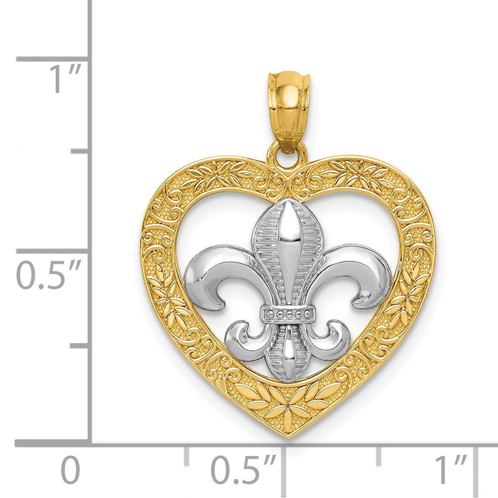 Million Charms 14K Yellow Gold Themed With Rhodium-plated Polished & Satin Fleur De Lis Heart Pendant