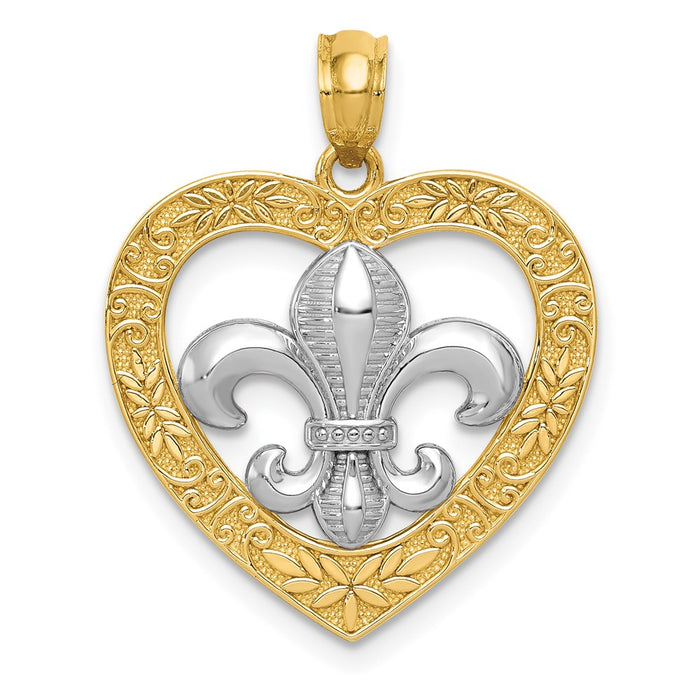 Million Charms 14K Yellow Gold Themed With Rhodium-plated Polished & Satin Fleur De Lis Heart Pendant