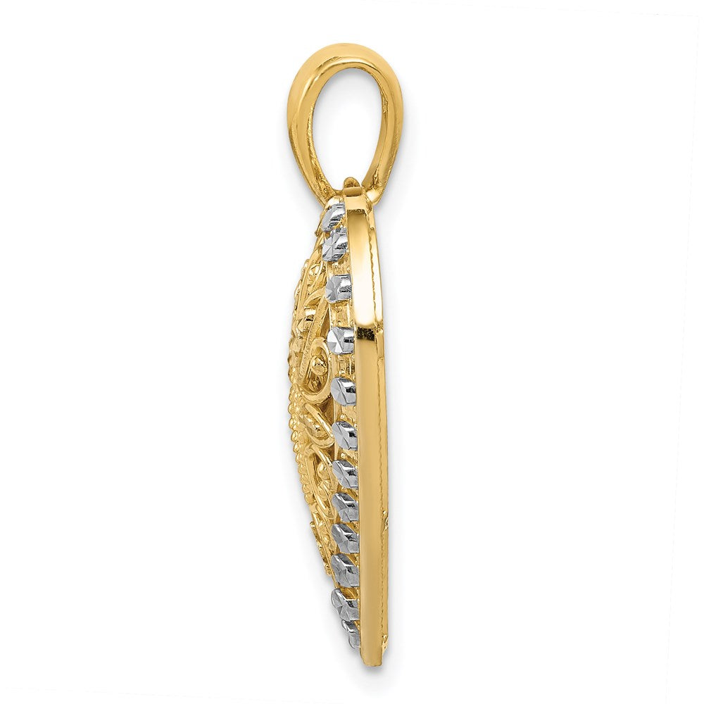 Million Charms 14K Yellow Gold Themed With Rhodium-plated Polished Diamond-Cut Filigree Heart Pendant
