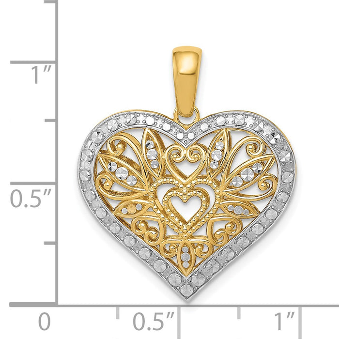 Million Charms 14K Yellow Gold Themed With Rhodium-plated Polished Diamond-Cut Filigree Heart Pendant