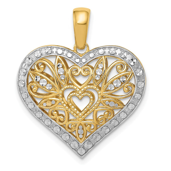 Million Charms 14K Yellow Gold Themed With Rhodium-plated Polished Diamond-Cut Filigree Heart Pendant