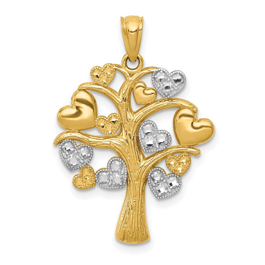 Million Charms 14K Yellow Gold Themed With Rhodium-plated Polished Hearts Tree Pendant