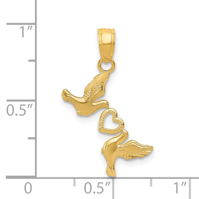 Million Charms 14K Yellow Gold Themed Diamond-Cut Doves With Heart Pendant