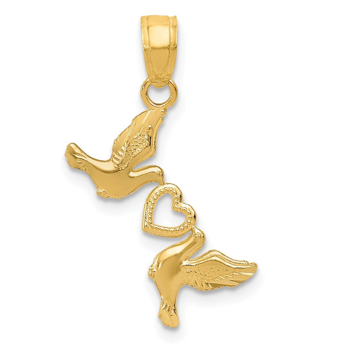 Million Charms 14K Yellow Gold Themed Diamond-Cut Doves With Heart Pendant