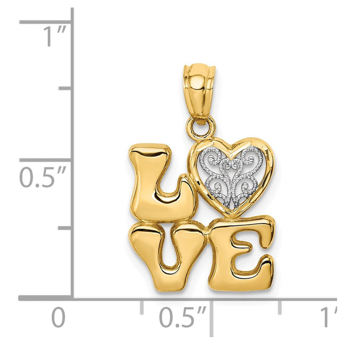Million Charms 14K Yellow Gold Themed With Rhodium-plated Polished Love With Filigree Heart Pendant