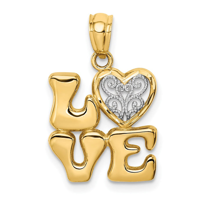 Million Charms 14K Yellow Gold Themed With Rhodium-plated Polished Love With Filigree Heart Pendant