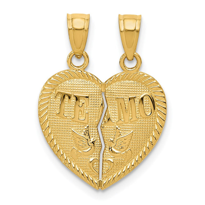 Million Charms 14K Yellow Gold Themed Break Apart Diamond-Cut Te Amo Heart Pendant