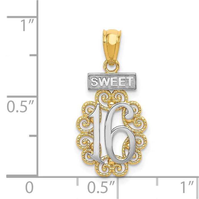 Million Charms 14K Yellow Gold Themed With Rhodium-plated Sweet 16 Birthday With Filigree Pendant