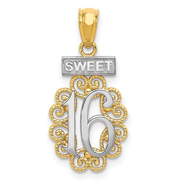 Million Charms 14K Yellow Gold Themed With Rhodium-plated Sweet 16 Birthday With Filigree Pendant