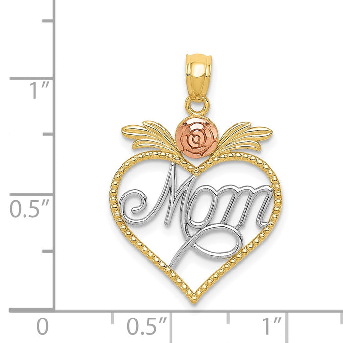 Million Charms 14K Yellow & Rose With Rhodium-plated Mom In Heart With Rose Pendant