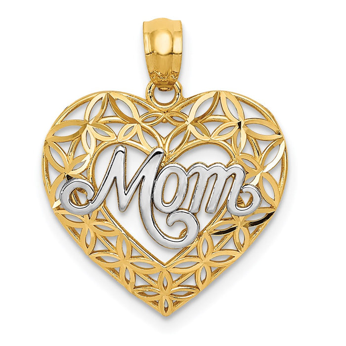 Million Charms 14K Yellow Gold Themed With Rhodium-plated Diamond-Cut Mom In Heart Charm