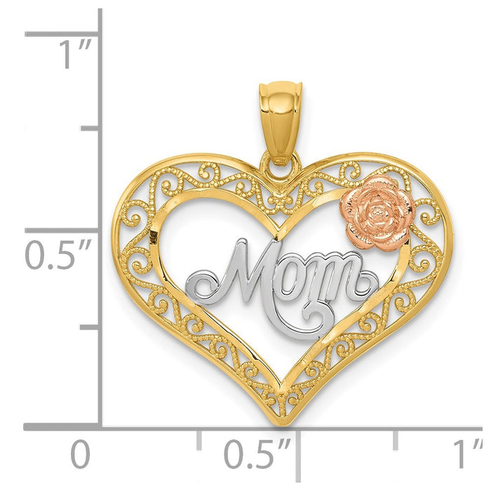 Million Charms 14K Yellow & Rose With Rhodium-plated Dc Mom In Heart With Rose Pendant