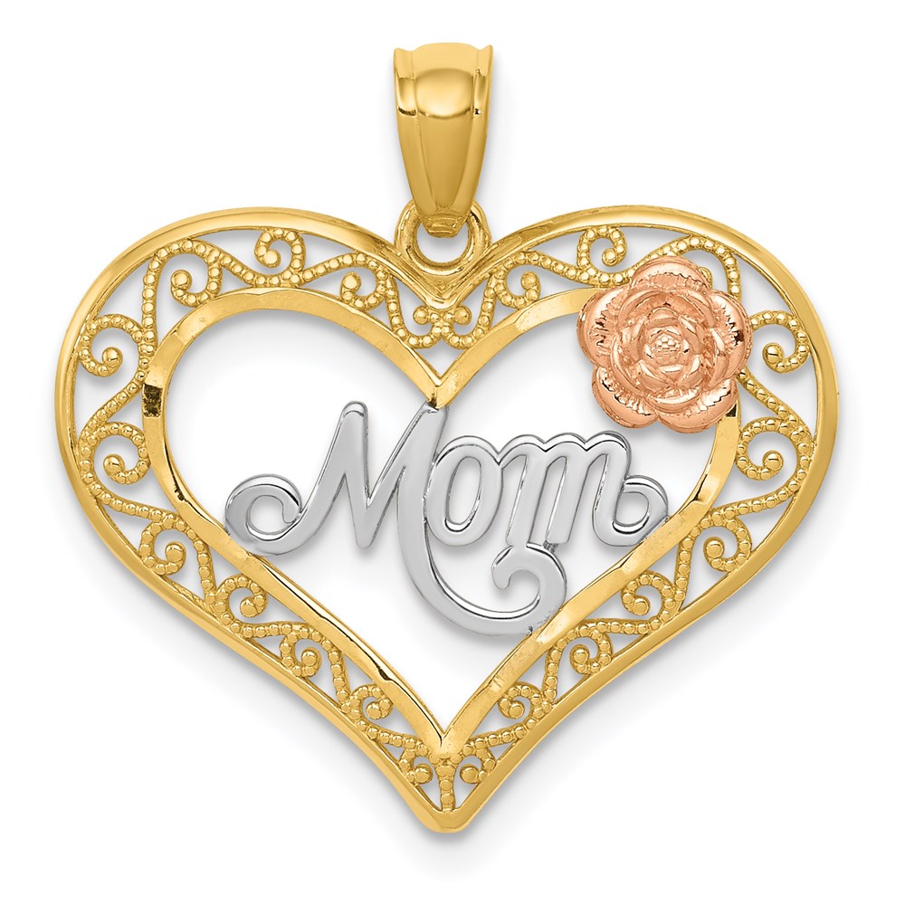 Million Charms 14K Yellow & Rose With Rhodium-plated Dc Mom In Heart With Rose Pendant