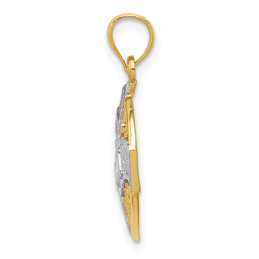 Million Charms 14K Yellow Gold Themed With Rhodium-plated Mom & Relgious Cross Inside Filigree Heart Pendant